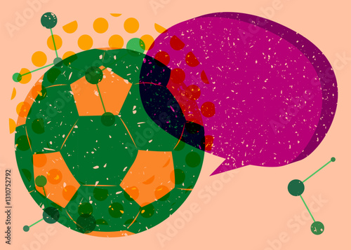 Risograph Football Ball with speech bubble with geometric shapes. Objects in trendy riso graph print texture style design with geometry elements.