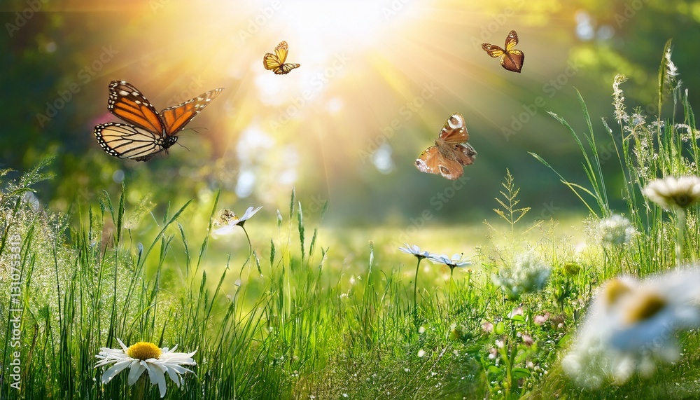 Fototapeta premium a sunny day in a summer forest glade with flowering grass beautiful wildflowers and butterflies