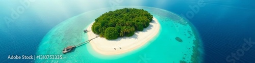 Aerial view of a beautiful remote sandbar in a tropical location with lush greenery, aerial view, tropical