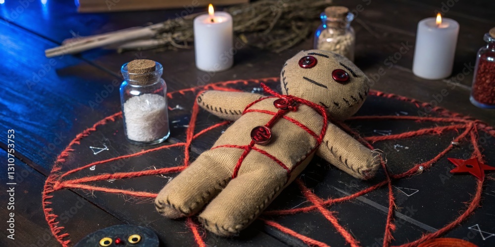 Mysterious voodoo doll on an altar surrounded by candles and herbs during a night ritual