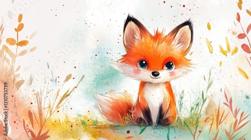 An Adorable Little Fox Sitting In A Watercolor Field