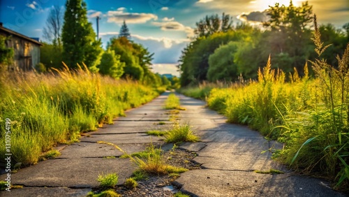 Overgrown Country Road: Abandoned Rural Lane, Weathered Asphalt, Urban Exploration Photography
