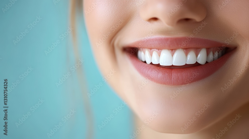 Fototapeta premium A close-up of a smiling woman with bright white teeth and smooth lips, symbolizing dental health, beauty, and happiness. The vibrant blue background enhances the fresh and clean appearance.
