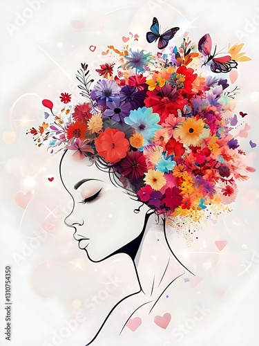 A beautiful digital illustration of a woman's face in profile, featuring vibrant floral hair with colorful flowers, butterflies, and abstract designs. The elegant and dreamy composition creates a whim