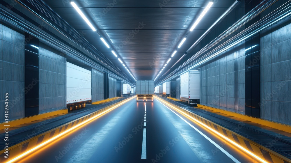 Futuristic Highway Tunnel: Autonomous Trucks in a Neon-Lit Underground Passage Futuristic Highway Tunnel: Autonomous Trucks in a Neon-Lit Underground Passage
