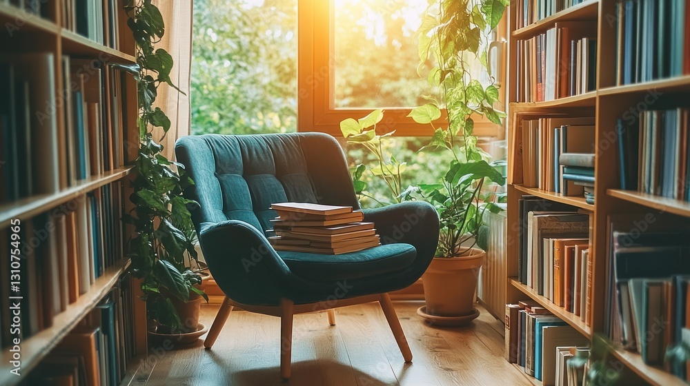 Fototapeta premium Sunny library corner with books & plants