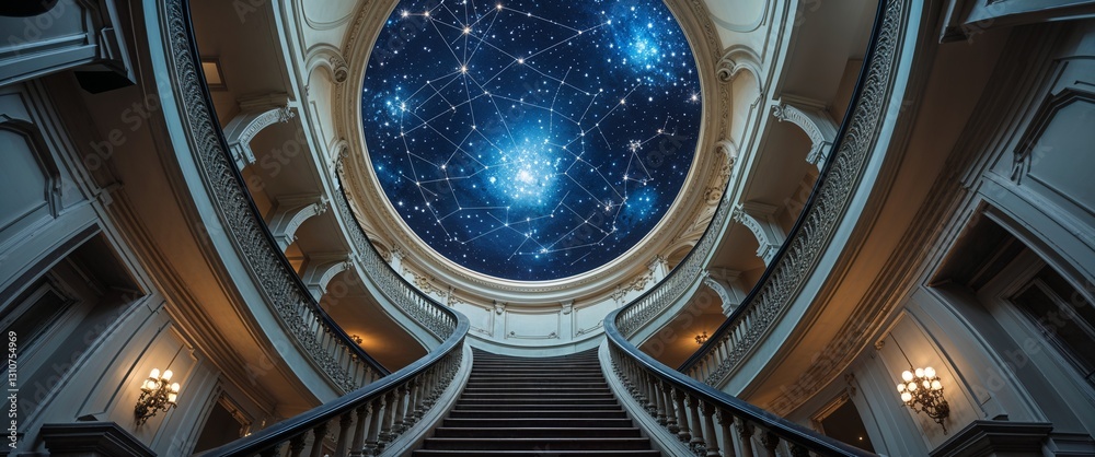 Obraz premium A grand staircase spiraling toward an ornate ceiling of shifting constellations