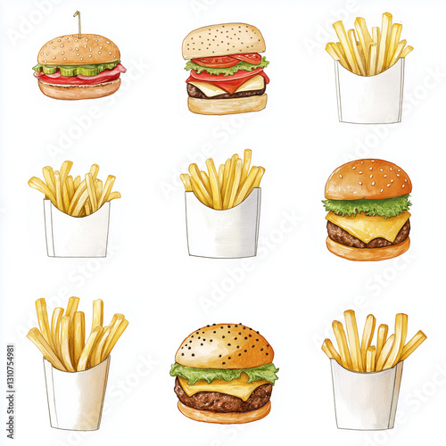 food, hamburger, burger, fast, sandwich, vector, icon, pizza, illustration, meal, fries, meat, bun, bread, hot, cartoon, set, cheeseburger, cheese, lunch, snack, drink, dog, fast food, hotdog, soda, l