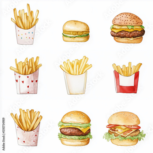 food, hamburger, burger, fast, sandwich, vector, icon, pizza, illustration, meal, fries, meat, bun, bread, hot, cartoon, set, cheeseburger, cheese, lunch, snack, drink, dog, fast food, hotdog, soda, l