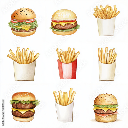 food, hamburger, burger, fast, sandwich, vector, icon, pizza, illustration, meal, fries, meat, bun, bread, hot, cartoon, set, cheeseburger, cheese, lunch, snack, drink, dog, fast food, hotdog, soda, l