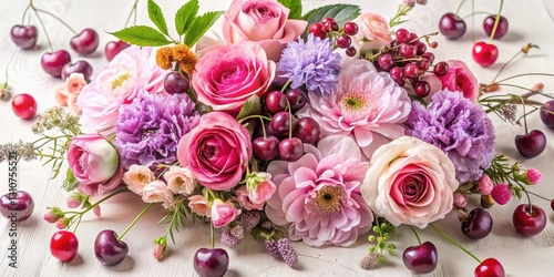A delightful arrangement of pink, purple, and white blossoms, artfully complemented by a scattering of ripe cherries on a light wood surface