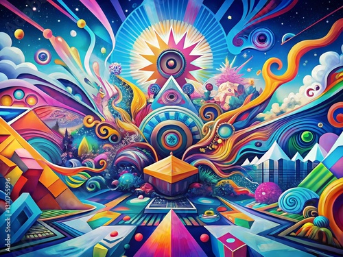 Panoramic Abstract Doodle Art: Overlapping Shapes in Vibrant Hues