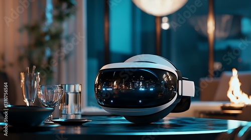 Modern Virtual Reality Headset on Table in a Contemporary Room with Cool Lighting