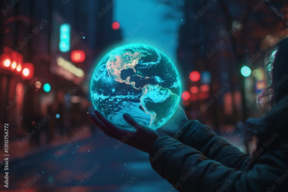 Fototapeta premium Ethereal Globe in Hands Against Urban Night Street Scene