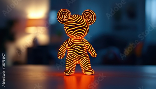 Snarky Animal concept. A vibrant, illuminated bear figure with zebra-like stripes stands out against a softly blurred background, creating a playful and artistic atmosphere.