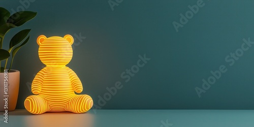 Snarky Animal concept. A charming yellow bear lamp illuminates a serene space, complemented by a green wall and a potted plant, creating a cozy ambiance.