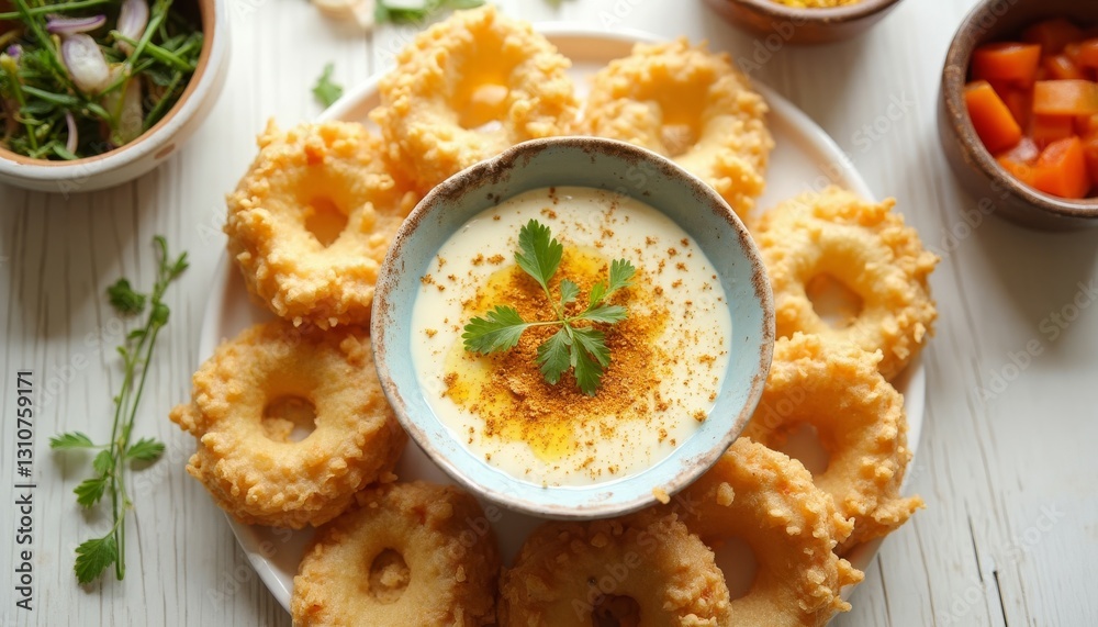 Golden fried onion rings platter with flavorful creamy dipping sauce and fresh garnish