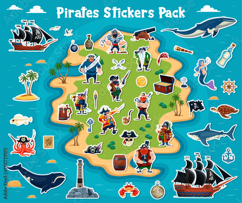 Cartoon pirates and piracy stickers pack with ships, treasure and ocean creatures on tropical island. Vector patches with corsairs, whimsical mermaids and sea life as whale, shark, turtle and octopus