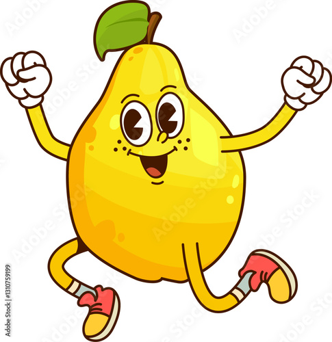 Cartoon funny groovy quince fruit character. Isolated vector ripe fruit retro personage with expressive smiling face, wearing vintage sneakers, cheerfully jumping with cheerful facial expression