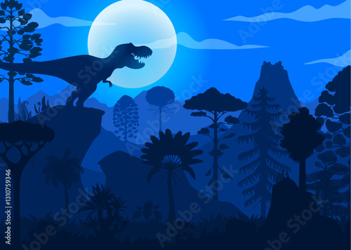 Tyrannosaurus T Rex dinosaur in prehistoric tropical jungle forest, vector cartoon background. T Rex tyrannosaurus silhouette roaring on mountain rock for Jurassic era museum or paleontology atlas