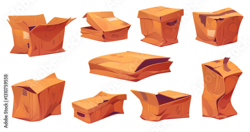 Broken, damaged and crumpled cargo cardboard box packages, crushed and ripped delivery parcels. Vector old brown paper boxes with open, damaged and ripped lids, dirty and torn sides, holes and stains
