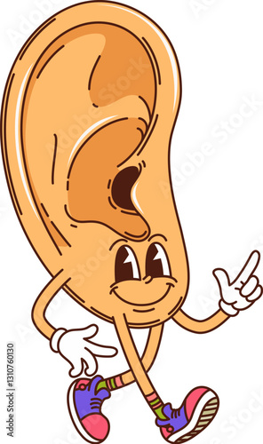Cartoon ear groovy medicine and health character walking joyfully with sneakers and gloves showing playful vibe. Isolated vector human organ personage with a cheerful face, smiling and pointing upward