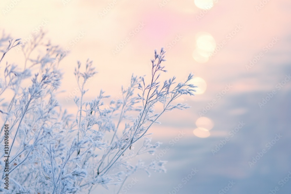 Obraz premium Frozen ice crystals reflect soft winter light on delicate branches by a tranquil water surface at dawn