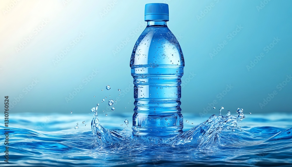 Refreshing bottled water splashing in blue water. Refreshing bottled water splashing in blue water.