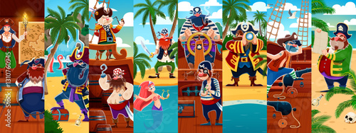 Cartoon pirate, mermaid and corsair characters collage. Cute captain, sailor and skipper pirates vector personages on ship and treasure island. Funny corsairs and boatswain with hat, hook and swords