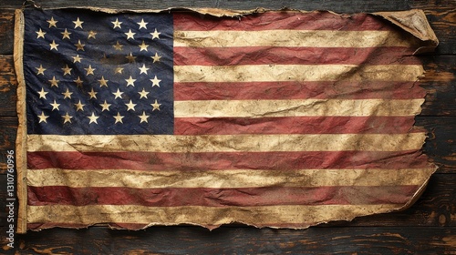A vintage American flag with 36 stars lies on a weathered wooden surface, embodying patriotic heritage.