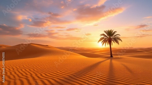 A serene desert landscape featuring a solitary palm tree standing amidst golden sand dunes at sunset. The long shadows and wind-shaped patterns in the sand create a magical and peaceful atmosphere.