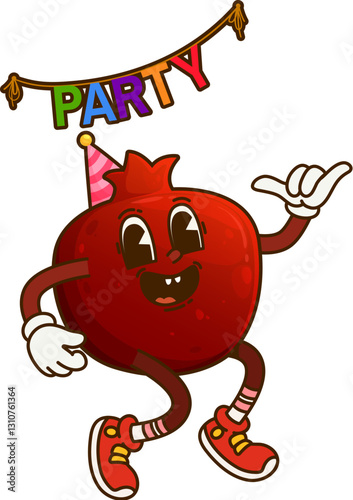 Cartoon groovy garnet fruit character is ready to celebrate with a party hat, retro hippie sneakers and vibrant party banner. Vector pomegranate conveying fun, cheer and celebration in lively event