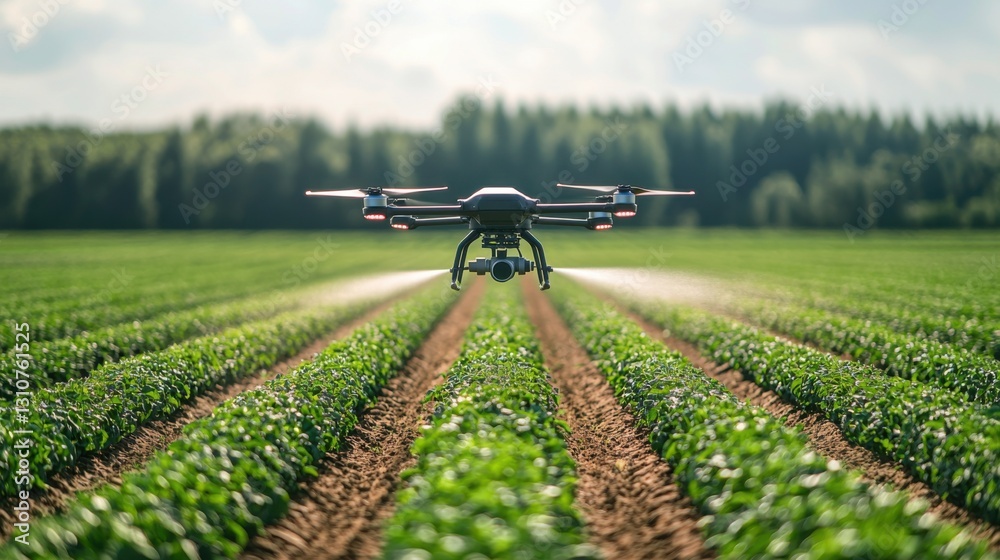 A drone sprays a lush green crop field, demonstrating innovative technology in agriculture and crop management. A drone sprays a lush green crop field, demonstrating innovative technology in agriculture and crop management.