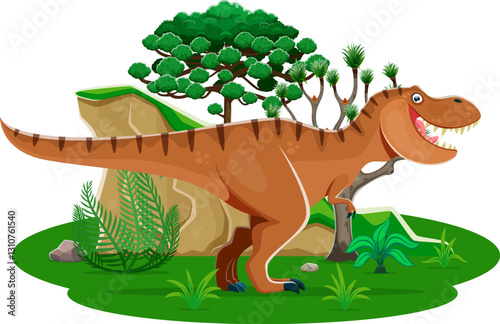 Tyrannosaurus prehistoric dinosaur character in lush forest natural habitat with a tree, rock and ferns. Isolated cartoon vector ancient apex predator, carnivore reptile animal of Late cretaceous era