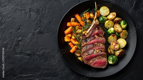 Roasted lamb rack with root vegetables, overhead view
