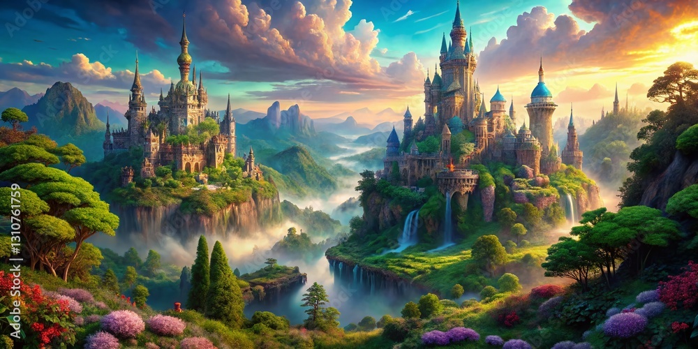 Fototapeta premium Panoramic Fantasy Kingdom: Magical Landscape, Enchanting Forest, Mystical Castle, Fairytale Realm, Adventure Scene