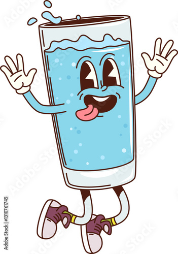 Cartoon groovy retro water glass funny character. Clean and fresh mineral water beverage glass vintage groovy isolated vector mascot. Clear aqua cheerful character or hydration drink funny personage