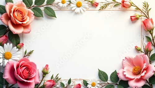 Wallpaper Mural Elegant floral decorative frame with blooming roses, lilies, and daisies, floral, daisies, lilies Torontodigital.ca
