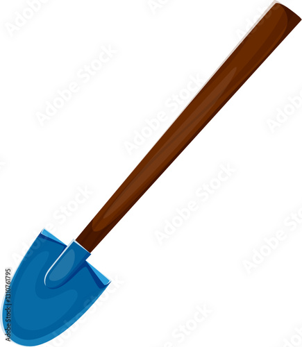 Cartoon slash alphabet symbol as garden shovel with a brown handle and blue blade. Cowboy font, wild west typeface, western type, sheriff alphabet, abc punctuation glyph or sign for kids education