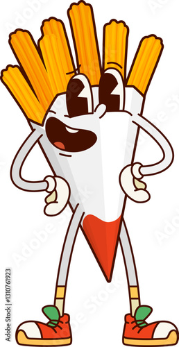 Cartoon fastfood groovy churros funny character. Takeaway cafe sweet snack retro groovy mascot, cute vintage cartoon isolated vector character. Fast food menu churros dessert meal funny personage