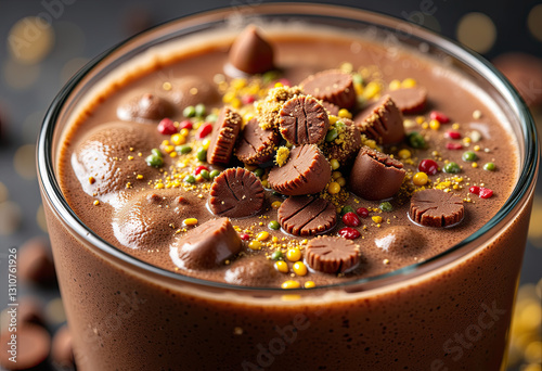 Chocolate Protein Shake With Cereal Toppings For Breakfast Blogs And Nutritional Recipe Websites photo