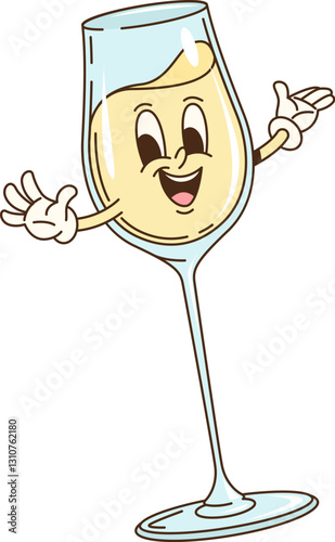 Cartoon groovy white wine alcohol glass character. Merlot and bordeaux beverage glass vintage funky vector mascot. Restaurant cocktail goblet happy character, white wine funny groovy personage