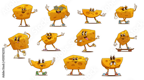 Funny groovy cheese characters showcasing lively funky poses and quirky facial expressions. Isolated cartoon vector dairy product personages with peace sunglasses, hippie sneakers and retro y2k vibes