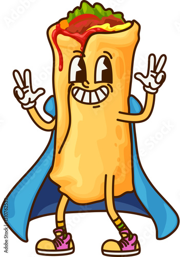 Cartoon groovy Mexican funny burrito for Halloween holiday character, vector Tex Mex food. Groovy burrito wizard or mage in sorcerer mantle with happy face and funky smile for Halloween character