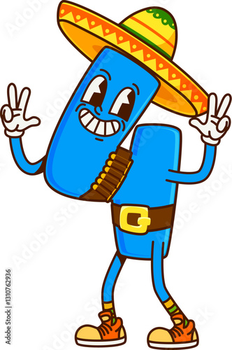 Groovy math number 4 Western cowboy bandit, vector funny cartoon character. Groovy number Four 4 as Western ranger in Mexican sombrero hat and gun bullets bandoleer as cowboy or bandit of Wild West