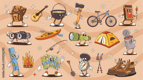 Cartoon groovy travel and tourism characters. Retro hippie tourist compass, backpack, map and tent vector personages. Groovy travel and outdoor adventure binoculars, campfire, pot, axe and flashlight