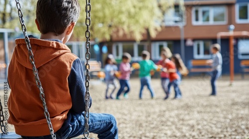 A boy sits alone on a swing while other children play, showing a sense of isolation and sadness.