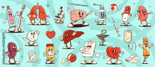 Cartoon groovy medicine and human organ characters. Retro cute psychedelic heart, brain, pills and syringe vector personages. Funny groovy drug bottle, lungs, liver and kidney, microscope, stethoscope