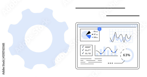 Gear alongside a detailed analytics dashboard with charts, graphs, and performance metrics. Ideal for automation, data analysis, business strategy, process efficiency, system management, performance