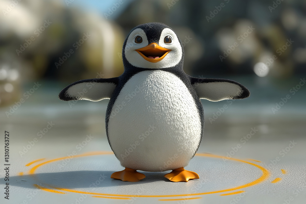 Fototapeta premium Cheerful cartoon penguin on a sandy beach